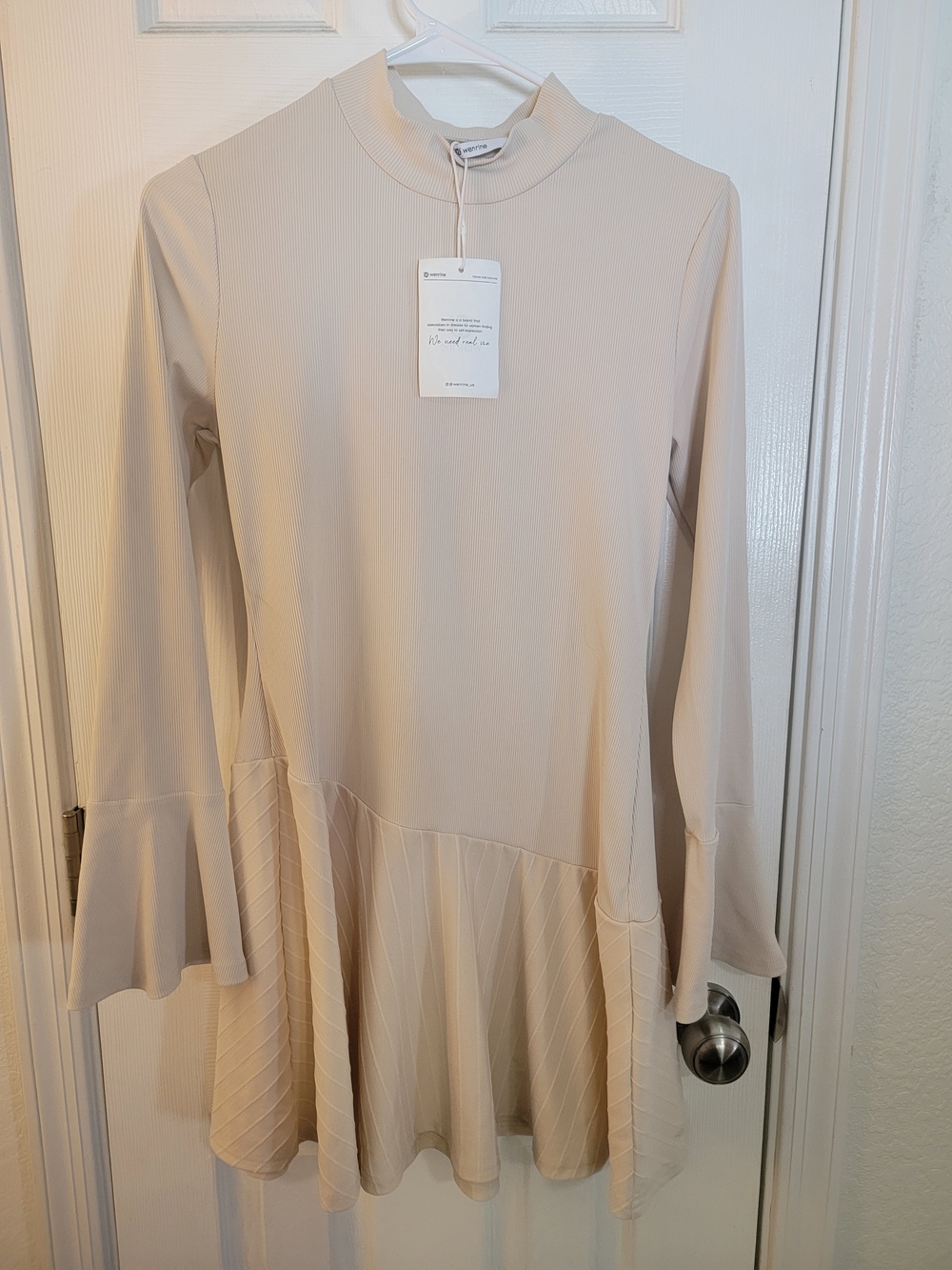 Cream Long-Sleeve Mini Dress with Flared Hem